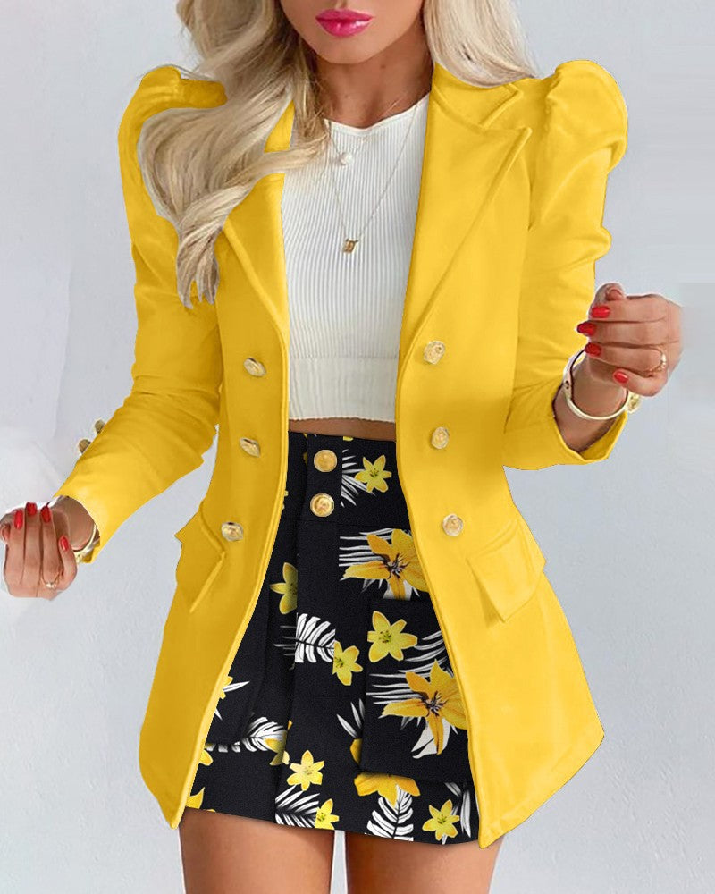 Damen Zweiteiliges karriertes Blazer- und Minirock-Set mit betonten Puffärmeln und goldenen Knöpfen – Valéne
