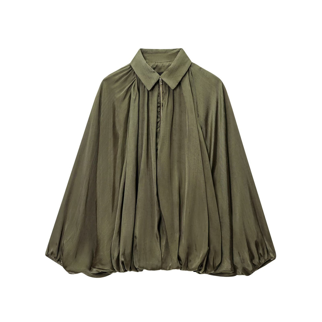 Damen Weite plissierte Hemdblusen-Jacke mit Hemdkragen, Reißverschluss und ballonförmigem Saum Echo Archiv