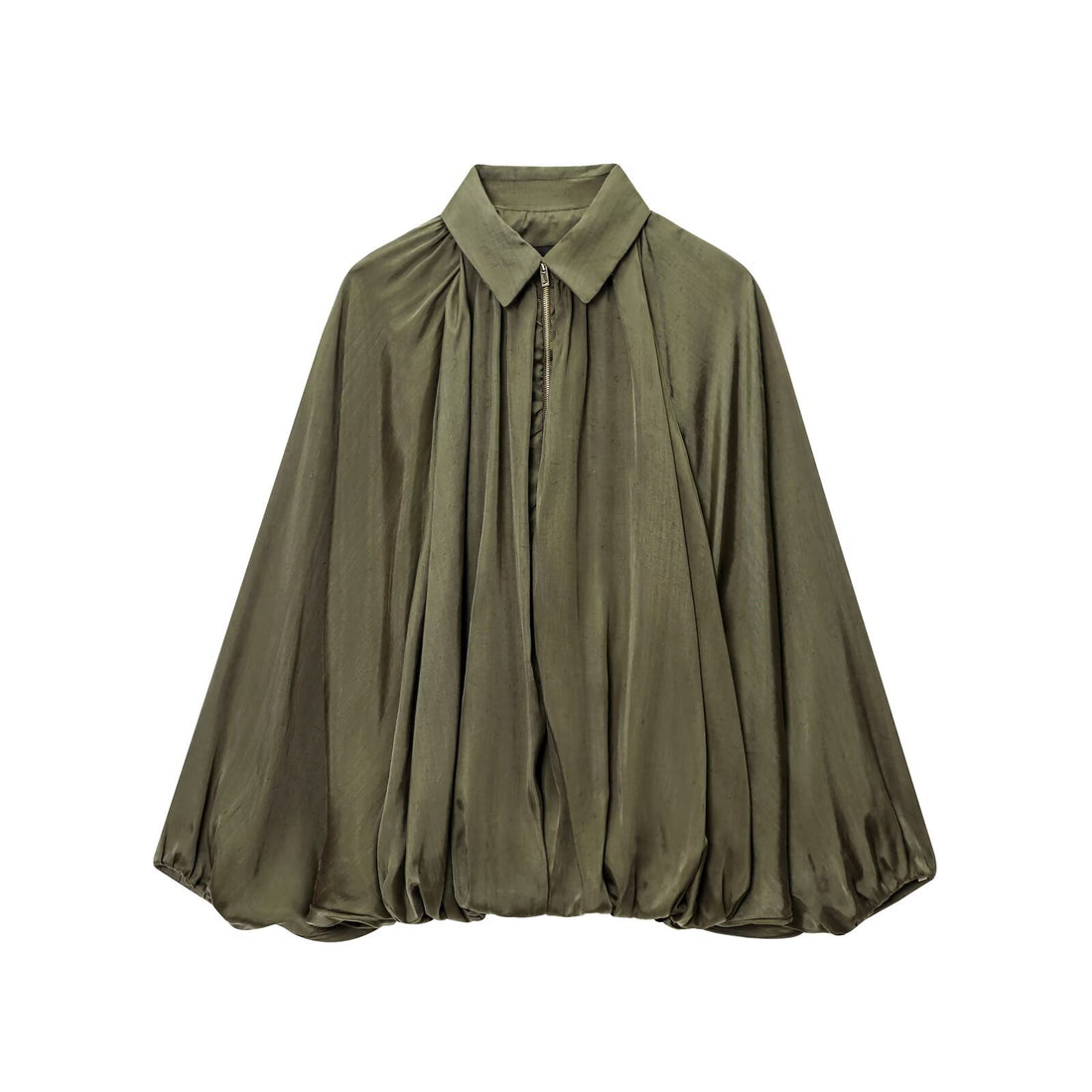 Damen Weite plissierte Hemdblusen-Jacke mit Hemdkragen, Reißverschluss und ballonförmigem Saum Echo Archiv