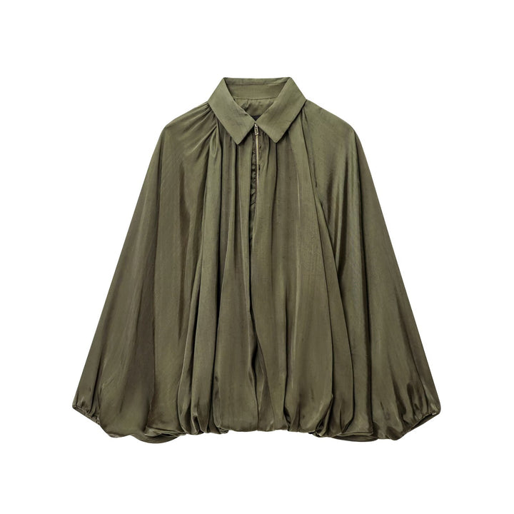 Damen Weite plissierte Hemdblusen-Jacke mit Hemdkragen, Reißverschluss und ballonförmigem Saum Echo Archiv