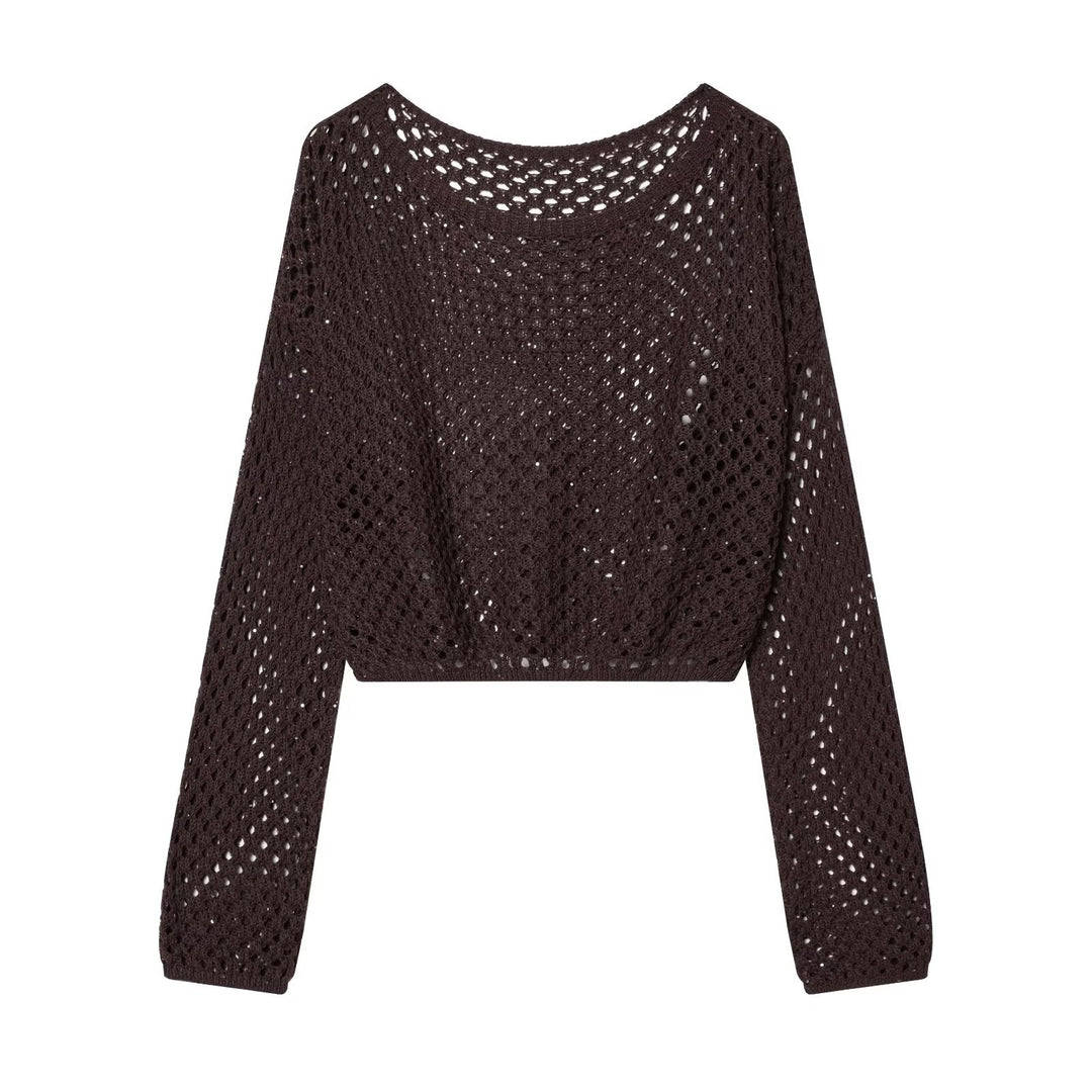 Damen Kurzgeschnittener Häkelpullover mit Lochmuster und weitem Ausschnitt Echo Archiv