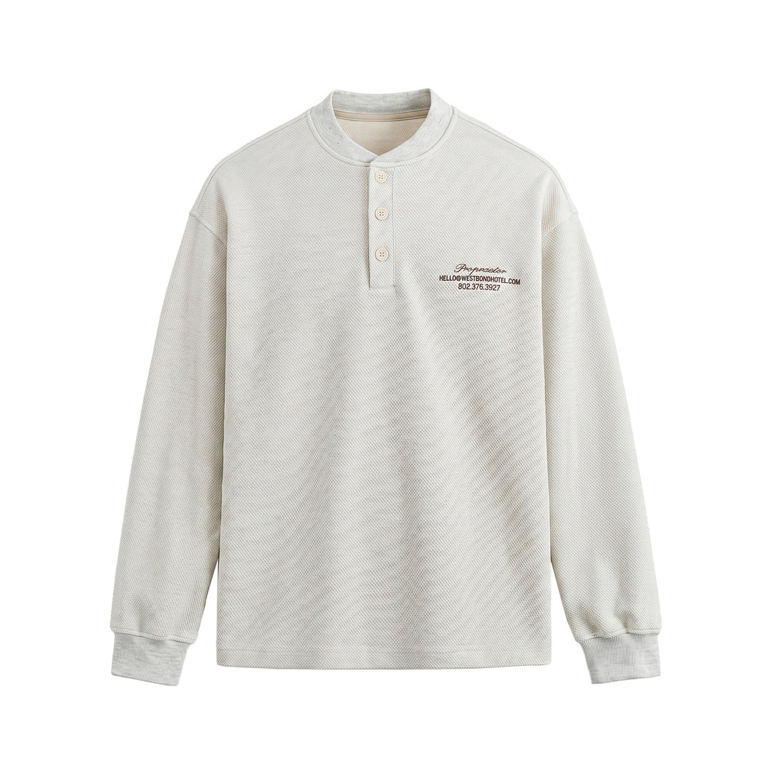Unisex Strukturierter Henley-Pullover mit Knopfleiste und geripptem Stehkragen Echoarchiv