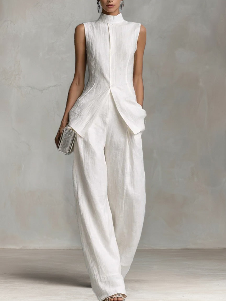 Damen Eleganter suit mit hochgeschlossenem Kragen und weitem Bein Echoarchiv