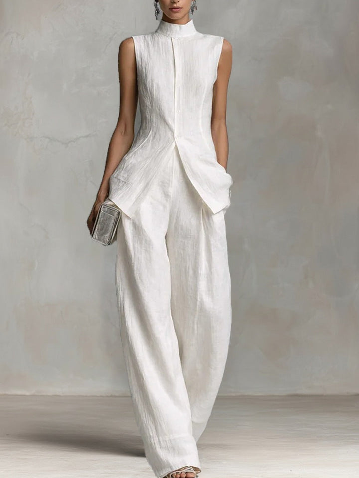Damen Eleganter suit mit hochgeschlossenem Kragen und weitem Bein Echoarchiv