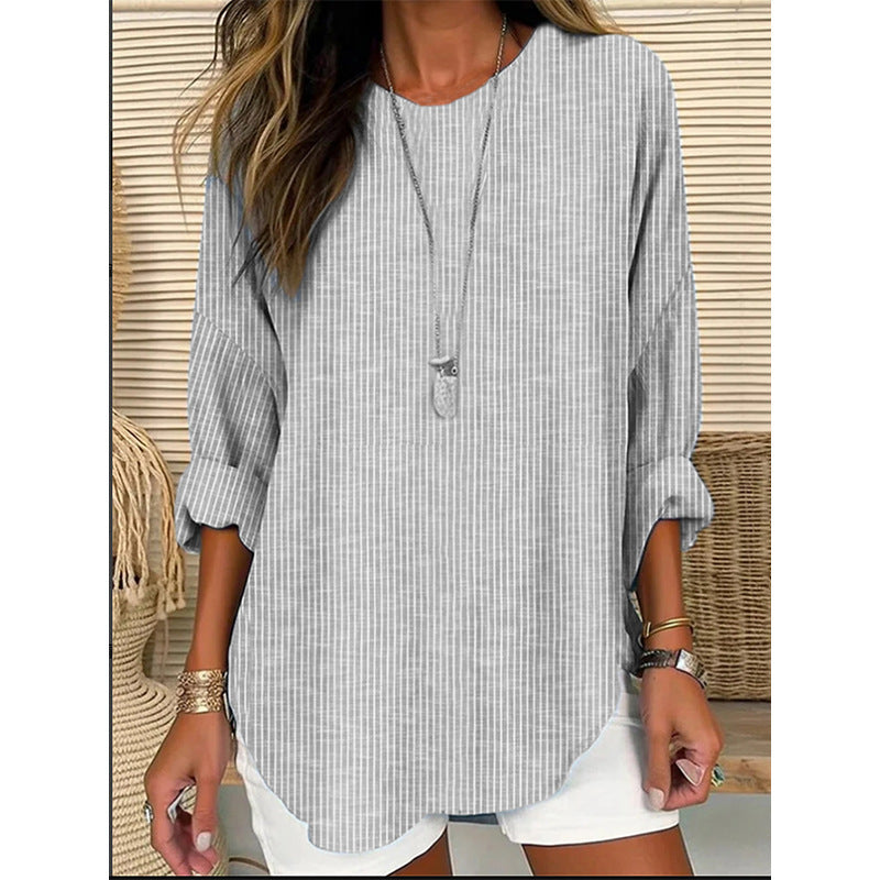 Damen Casual Leinenlook Lange Bluse mit feinen Streifen Echoarchiv