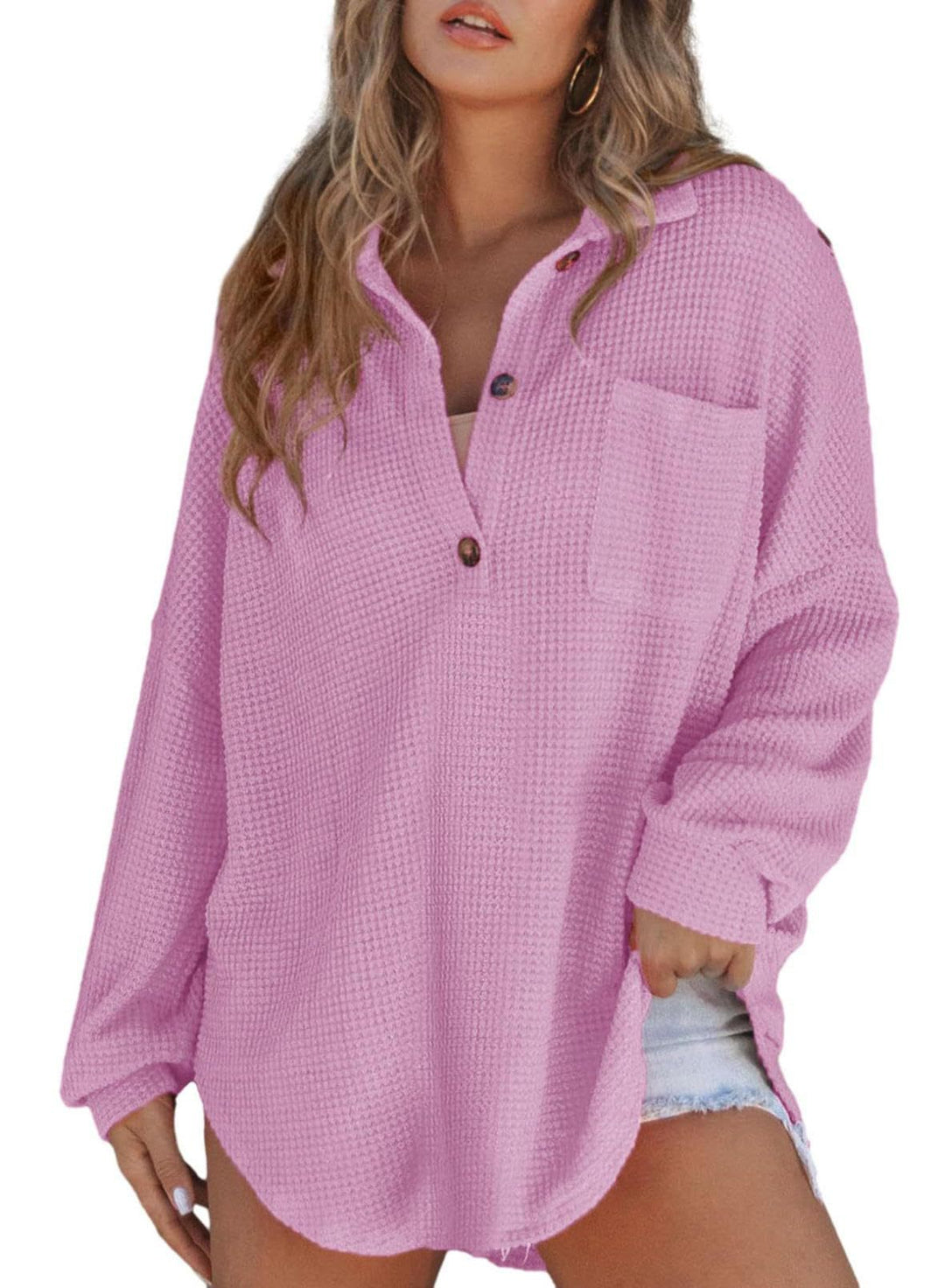 Damen Oversize Waffelstrick-Hemdbluse mit Kentkragen, Brusttasche und gerundetem Saum Echo Archiv