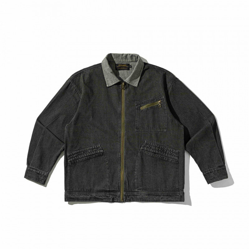 Unisex Kastenförmige Overshirt‑Jacke aus gewaschenem Denim mit Frontreißverschluss und Mehrfachtaschen Echo Archiv