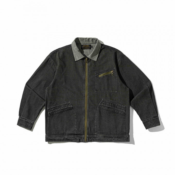 Unisex Kastenförmige Overshirt‑Jacke aus gewaschenem Denim mit Frontreißverschluss und Mehrfachtaschen Echo Archiv