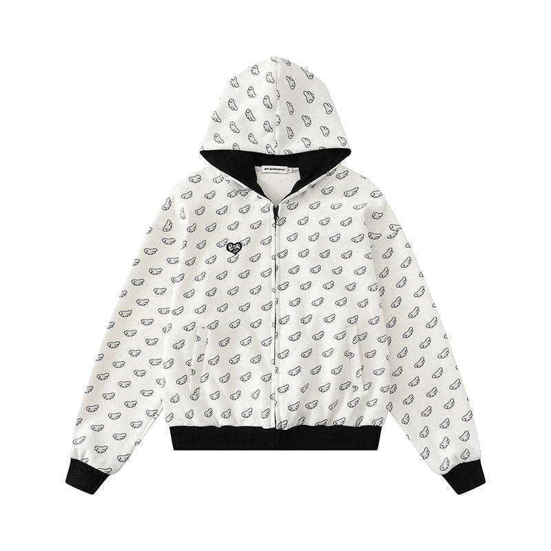 Damen Kapuzensweatjacke mit Allover‑Flügelmotiv, durchgehendem Reißverschluss und kontrastierenden Bündchen Echoarchiv