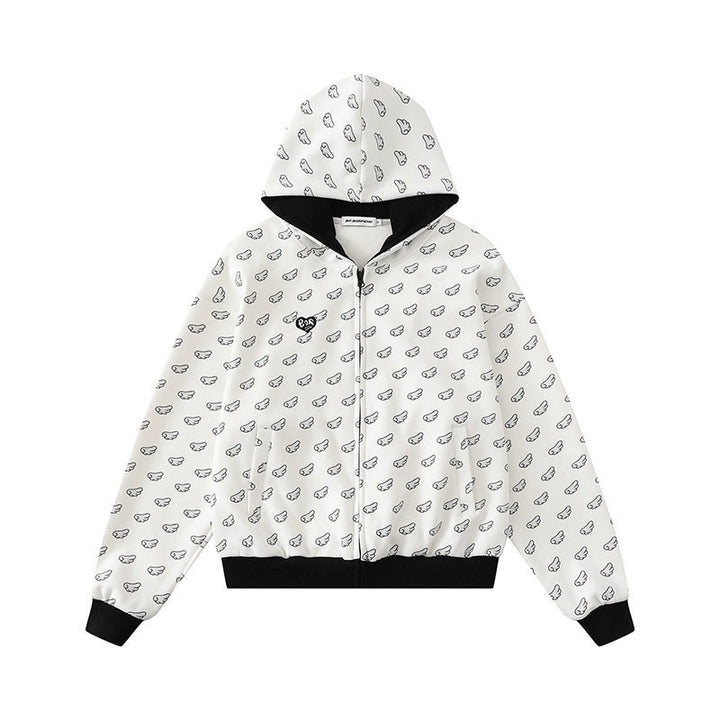Damen Kapuzensweatjacke mit Allover‑Flügelmotiv, durchgehendem Reißverschluss und kontrastierenden Bündchen Echoarchiv
