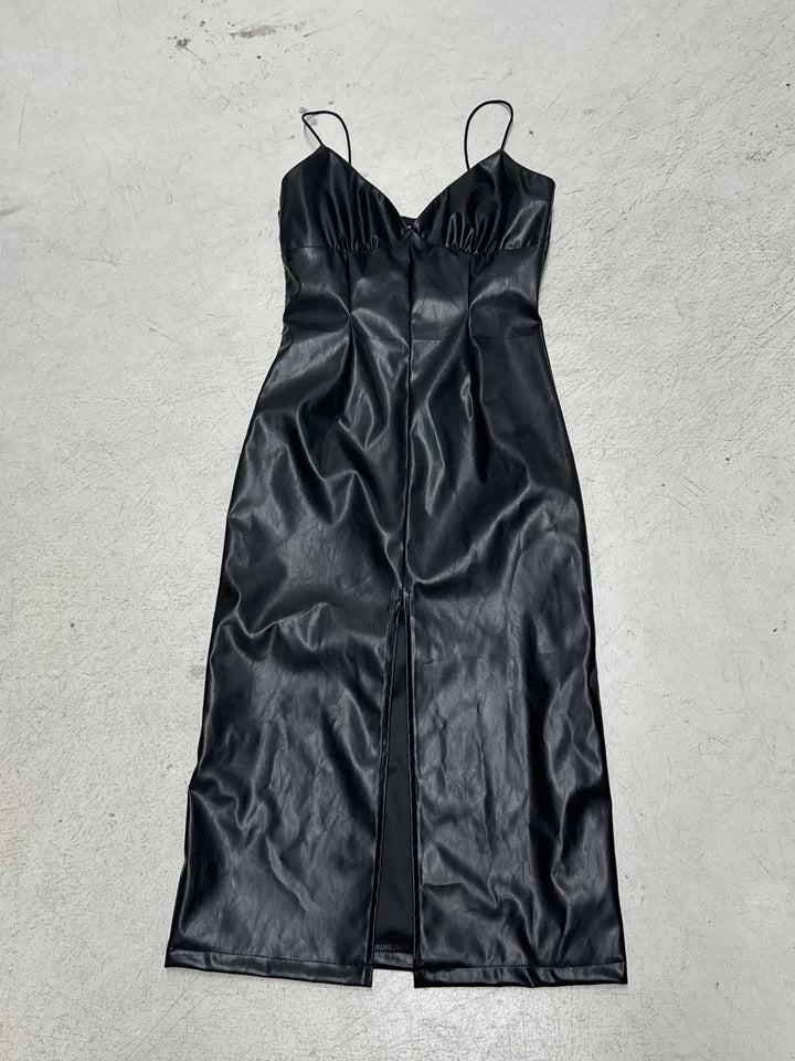 Damen elegantes bodenlanges Kleid aus glattem Kunstleder mit doppelten Trägern und hohem Schlitz Echo Archiv