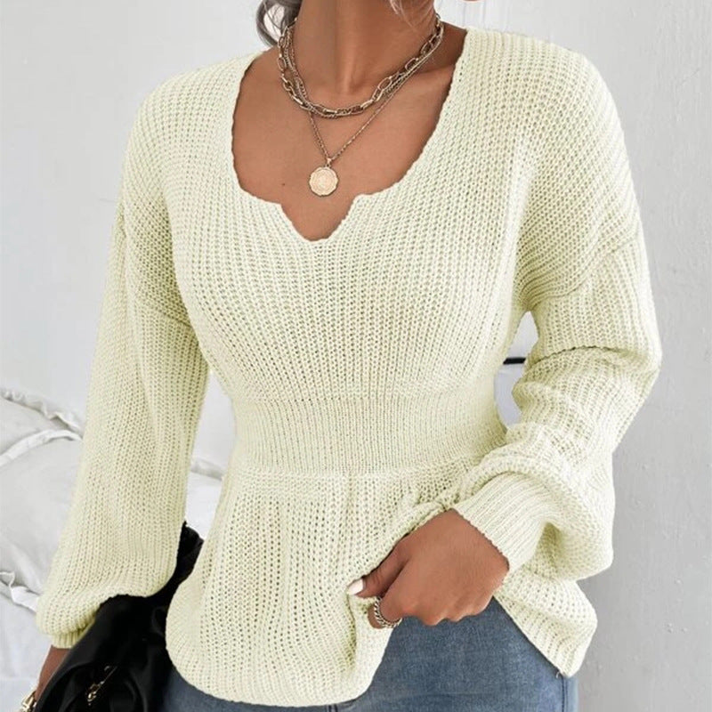Damen Taillierter Feinstrickpullover mit eingekerbtem V-Ausschnitt, taillenbetonter Rippzone und Ballonärmeln Echo Archiv
