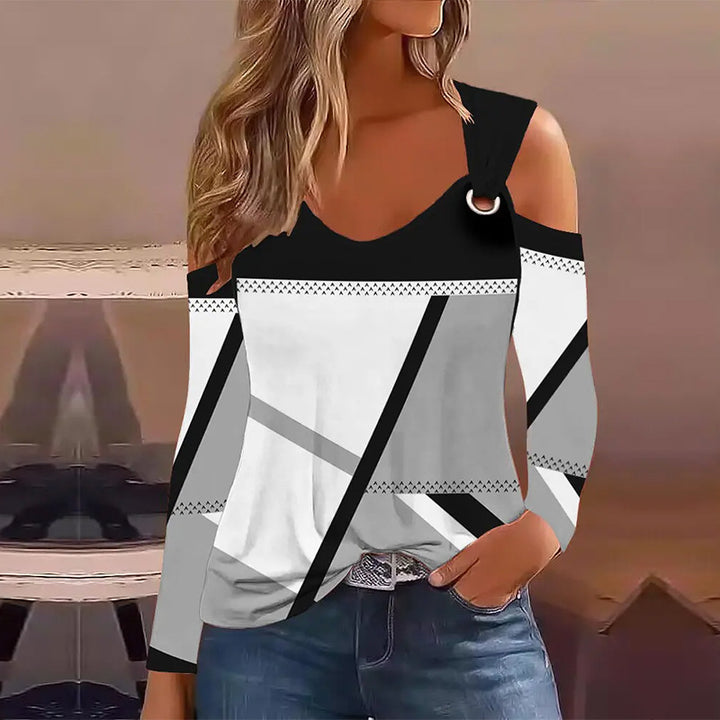 Damen Cold-Shoulder Langarmshirt mit grafischem Blockmuster und Metallring – Avérine