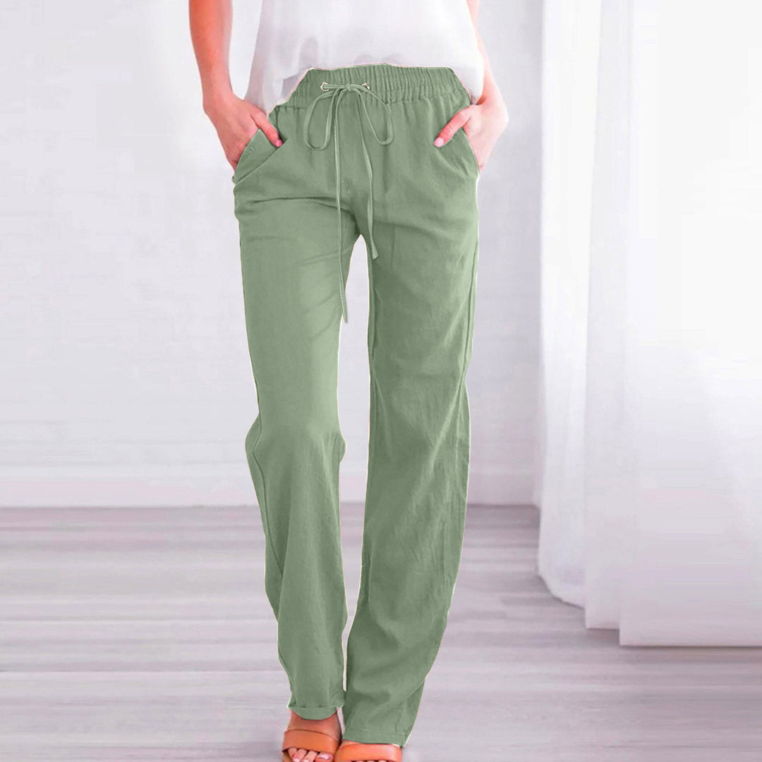 Damen Bequeme Leinen-Hose mit elastischem Bund und Taschen Echoarchiv