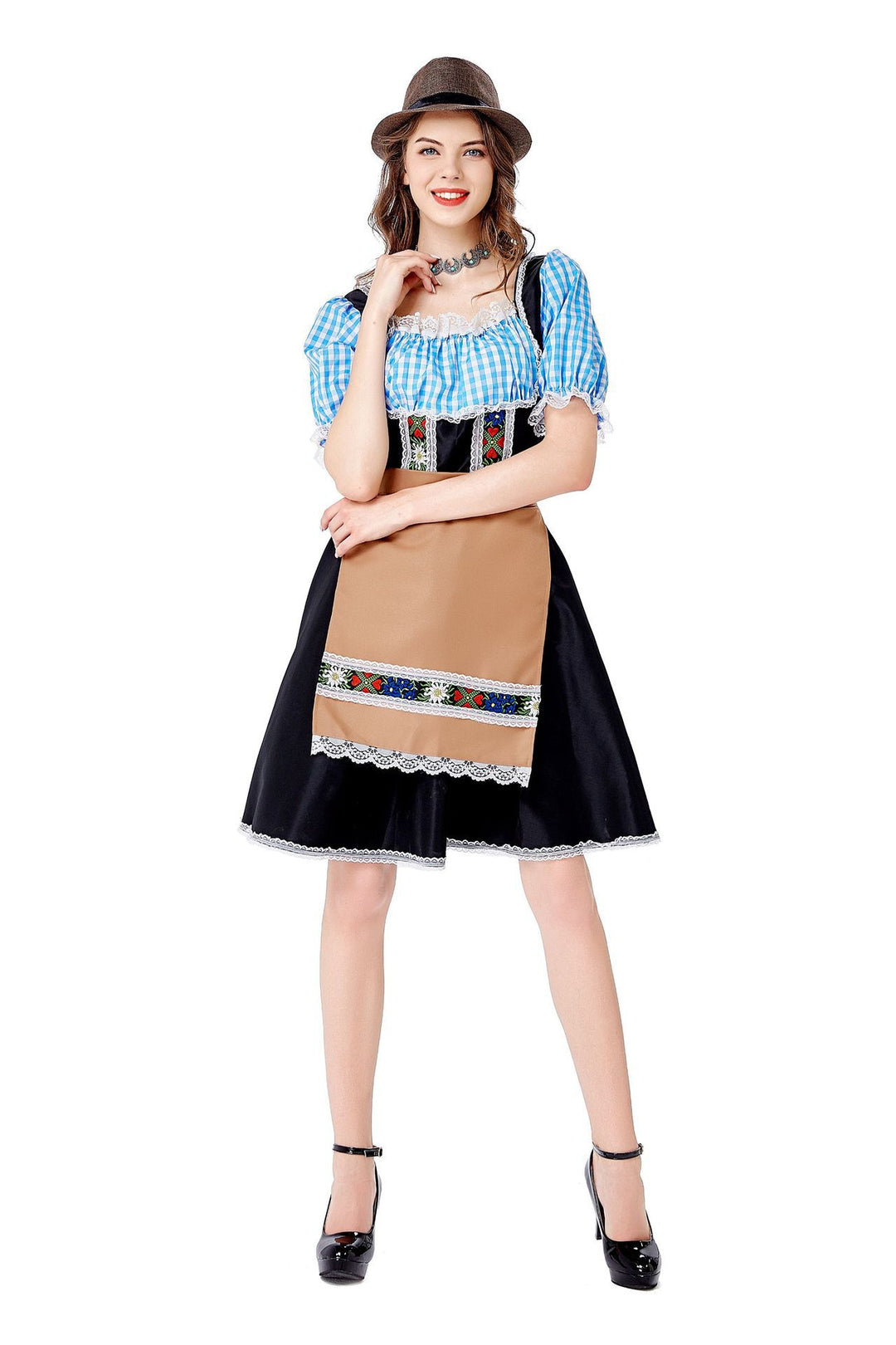 Damen nan folklorisches Oktoberfest-Kostüm im Dirndlstil mit Carmenbluse geschnürtem Mieder und bestickter Schürze Echo Archiv