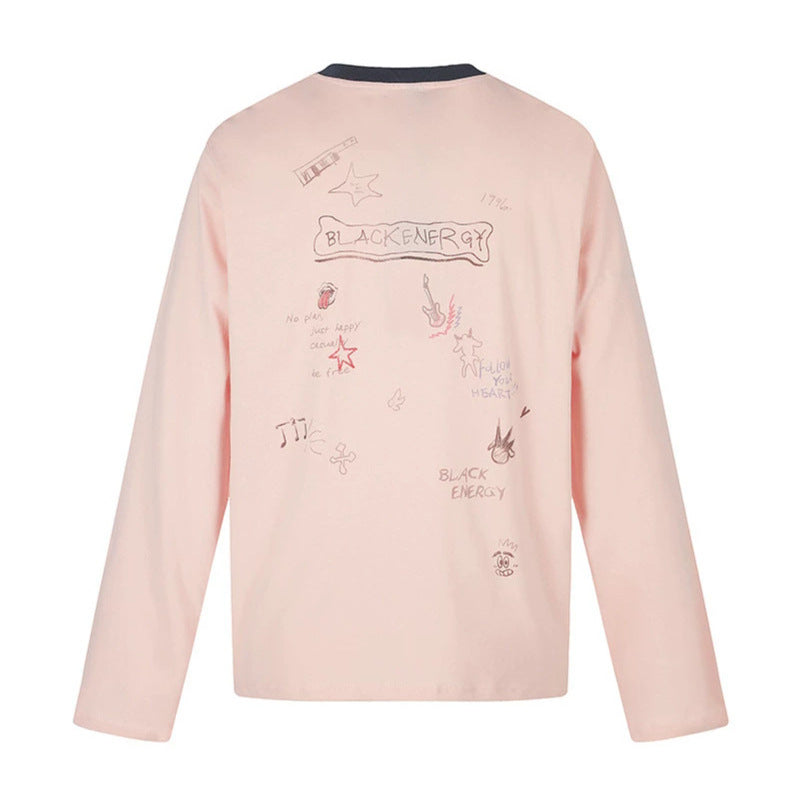Damen Langarmshirt mit Comic-Gitarrenprint, Glitzerdetail und Kontrastkragen Echoarchiv
