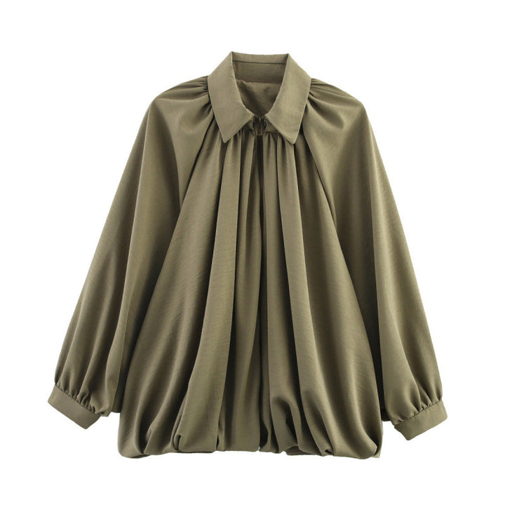 Damen Oversize Plissée-Hemdbluse mit Frontreißverschluss, Kellerfalten und Ballonärmeln Echo Archiv