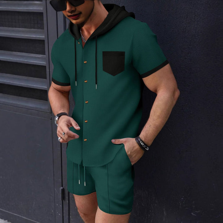 Herren lässiges Kurzarmhemd und Shorts-Set mit Kapuze und modischen Akzenten Echoarchiv