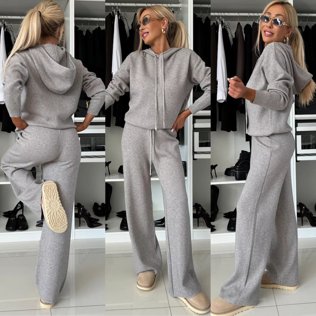 Damen nan luxuriöses Feinstrick-Loungewear-Set mit Kapuzenpullover, elastischem Komfortbund und fließendem Wide-Leg-Hosenbein Echo Archiv
