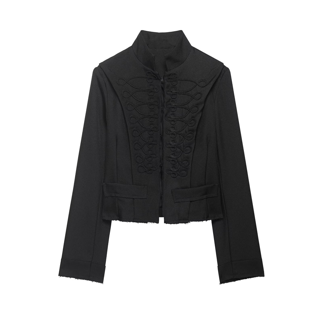 Damen Cropped‑Militärblazer mit Stehkragen, dekorativen Schlaufen und fransigem Saum Echo Archiv