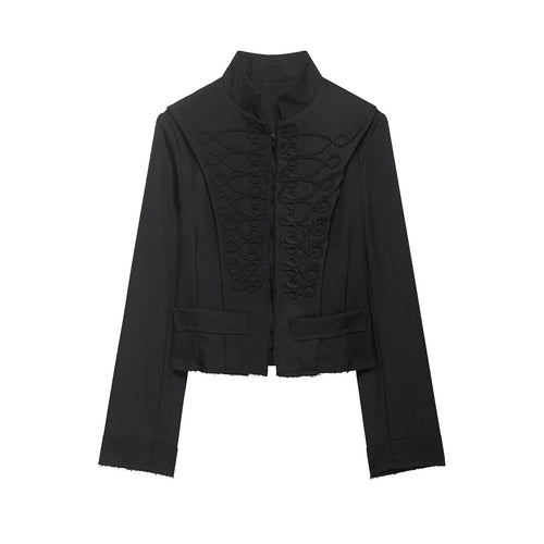 Damen Cropped‑Militärblazer mit Stehkragen, dekorativen Schlaufen und fransigem Saum Echo Archiv