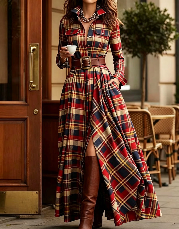 Damen nan karierte Maxikleid Hemdblusenkleid mit ausgestelltem Rock und breitem Taillengürtel Echo Archiv