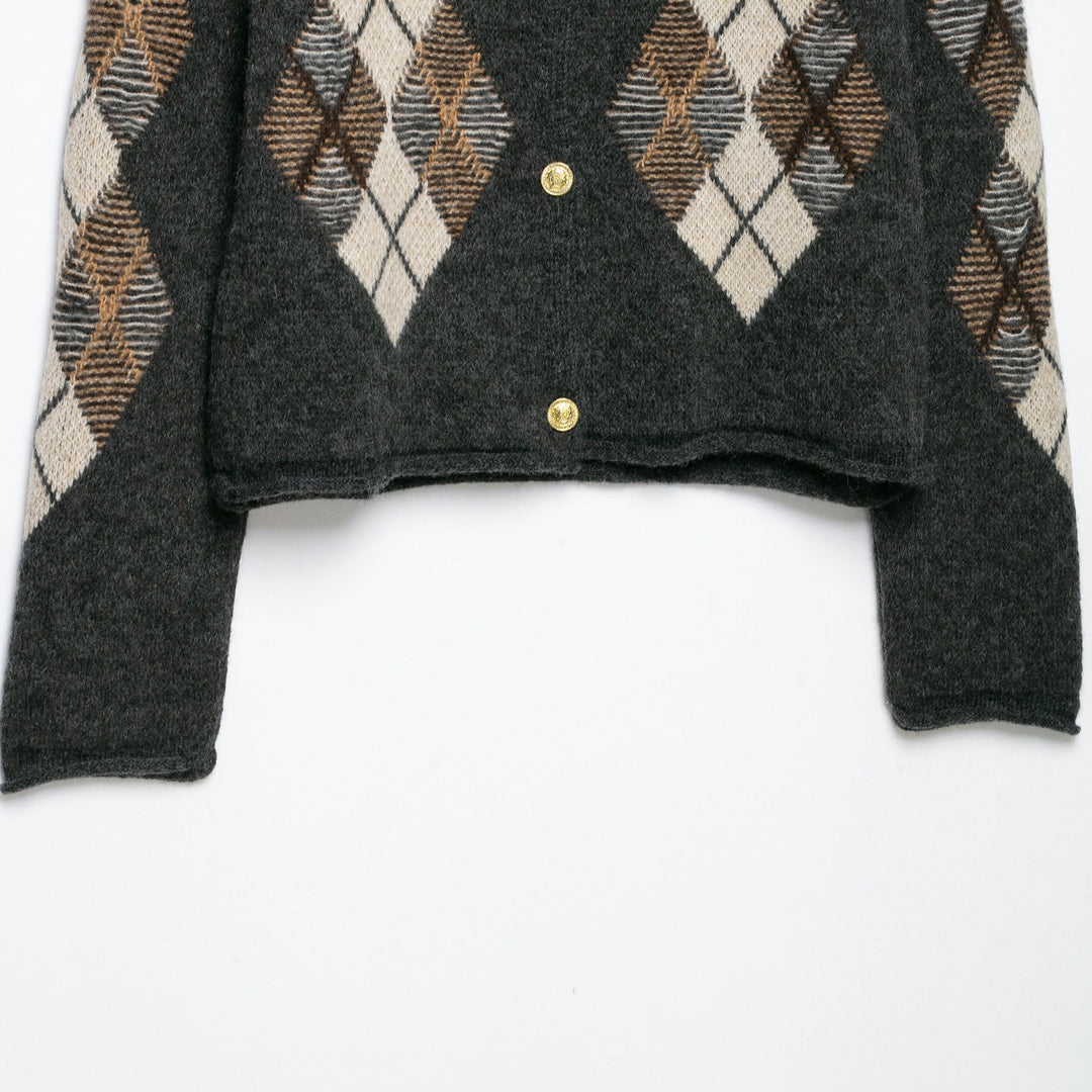 Damen Kurzgeschnittener Argyle-Cardigan im Retro-Strick mit goldenen Zierknöpfen Echoarchiv