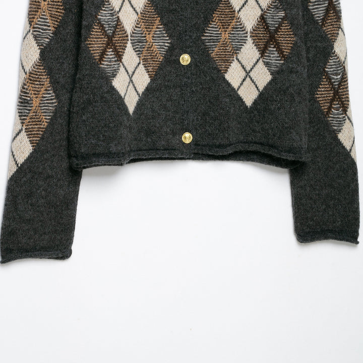 Damen Kurzgeschnittener Argyle-Cardigan im Retro-Strick mit goldenen Zierknöpfen Echoarchiv