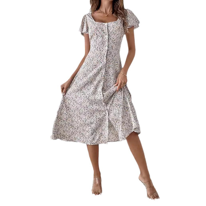 Damen nan tailliertes Midikleid mit quadratischem Ausschnitt, verdeckter Knopfleiste und fließendem A-Linien-Rock Echo Archiv