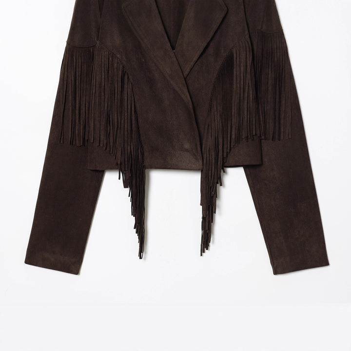 Damen kurze Wildlederjacke mit Reverskragen, kastigem Cropped‑Schnitt und dekorativen Fransen – Célinea