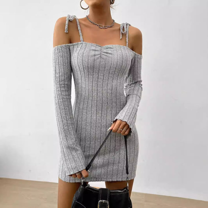 Damen geripptes One-Shoulder-Strickminikleid mit Bindeträgern taillierter Bodycon-Passform – Élara