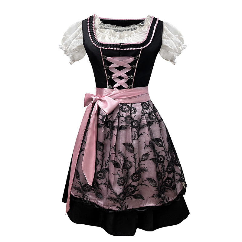 Damen nan traditionelles Dirndlkleid mit Spitzenschürze, gerafftem Rock und Schnürmieder Echo Archiv