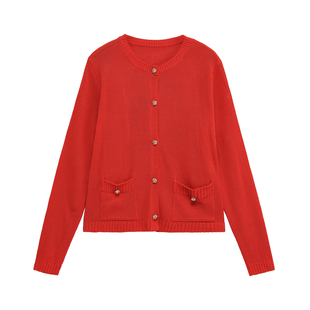 Damen Feiner Strick-Cardigan mit Zierknöpfen, Rundhalsausschnitt und aufgesetzten Taschen Echo Archiv
