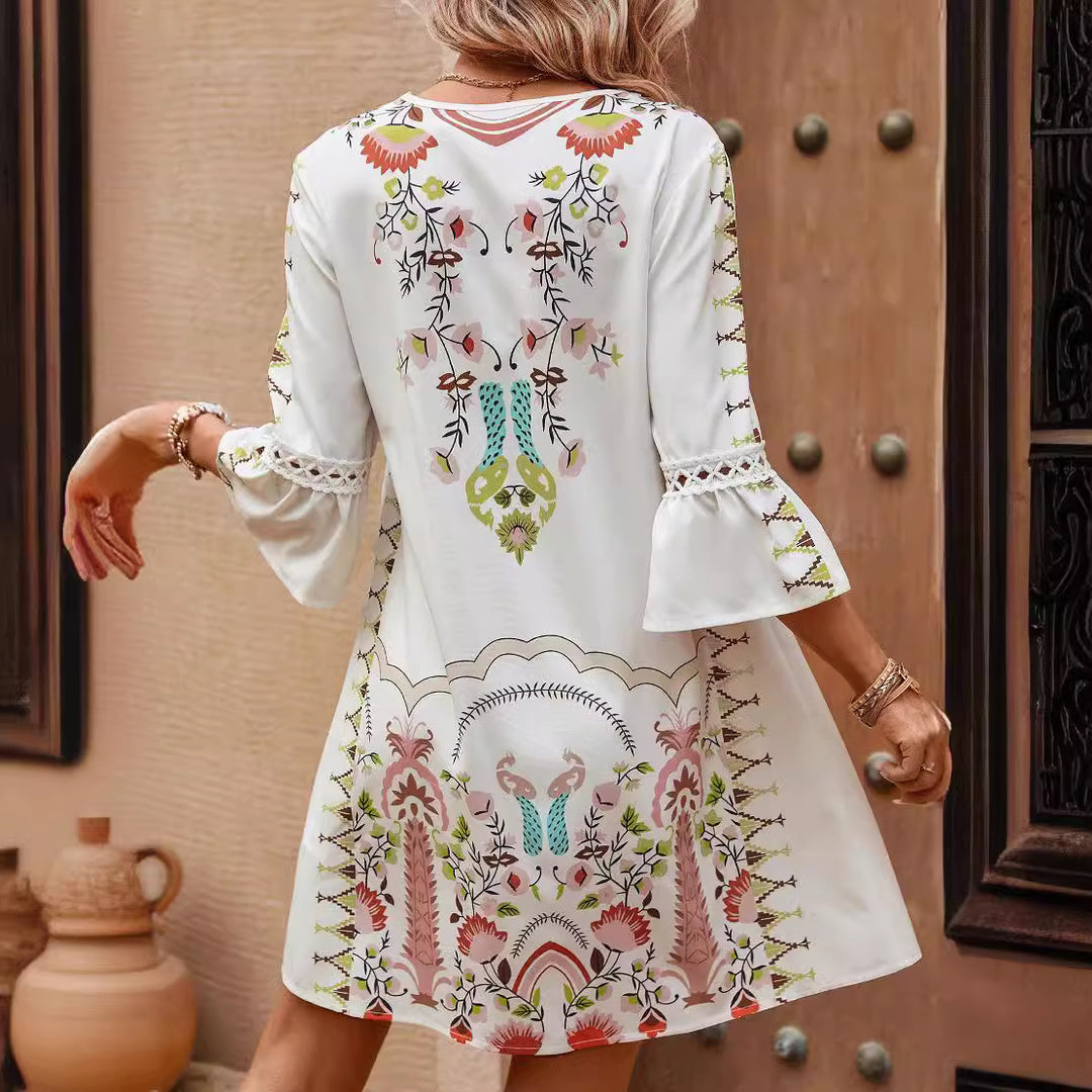 Damen Boho-Kleid mit Stickerei, Häkel-V-Ausschnitt und ausgestellter A-Linie Echo Archiv
