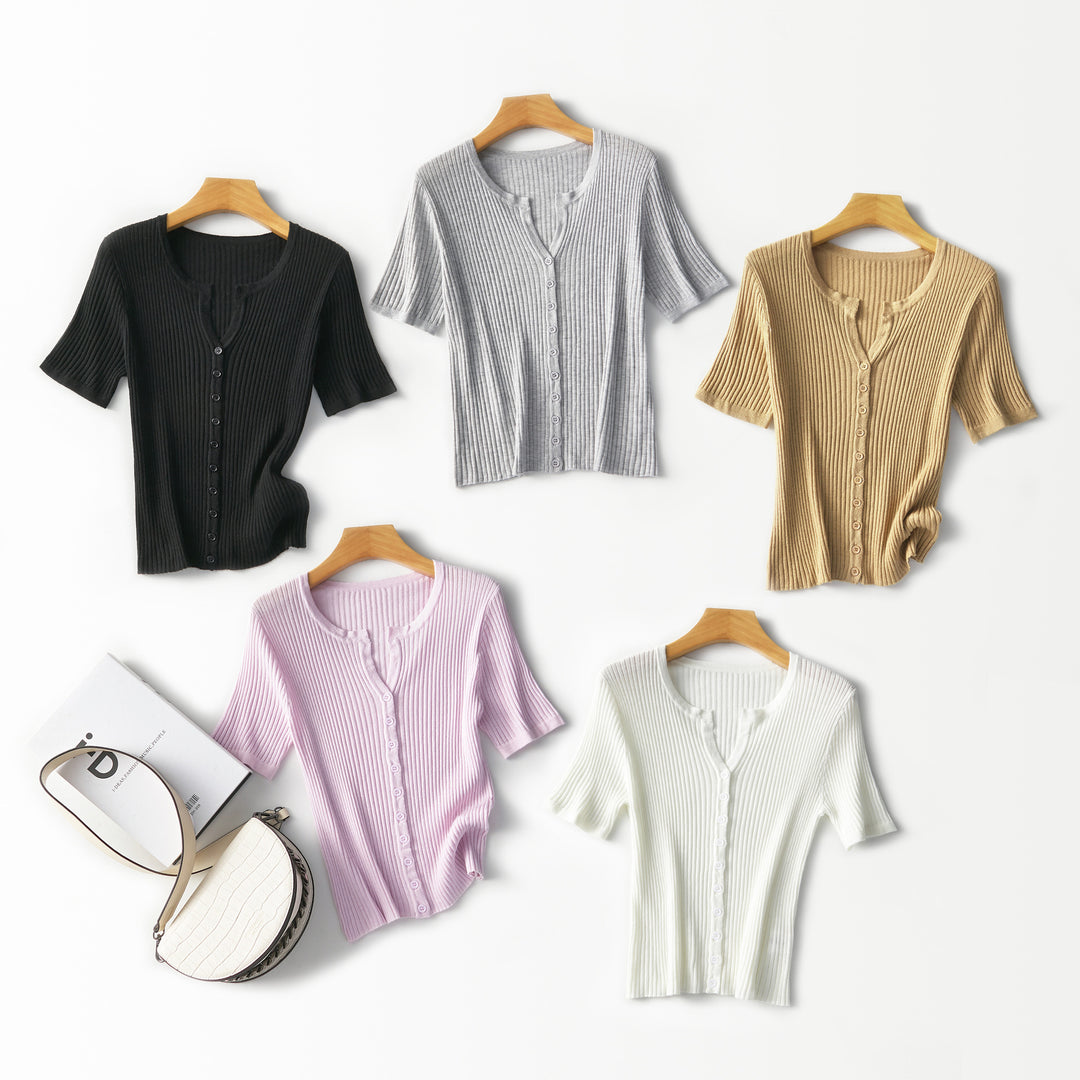 Damen Kurzärmeliger gerippter Knopfcardigan aus Feinstrick Echo Archiv
