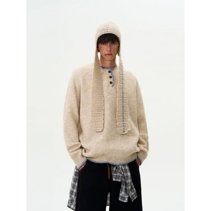 Herren Grobstrick-Henley-Pullover mit Bouclé-Optik und kontrastierten Bündchen Echoarchiv