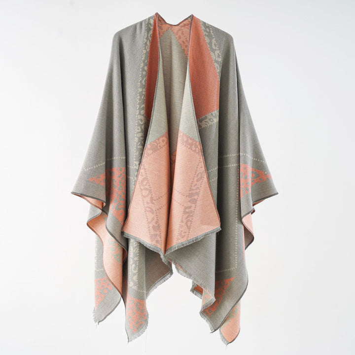 Damen Oversize Cape-Überwurf mit jacquardgewebten Patchmotiven und Fransensaum Echo Archiv
