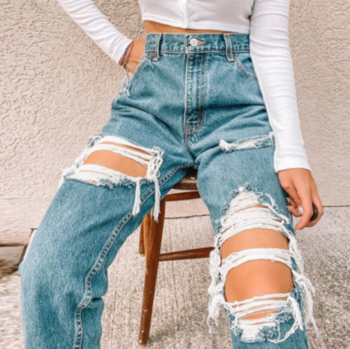 Damen Vintage High-Waist Destroyed Jeans mit fransigen Details Echo Archiv