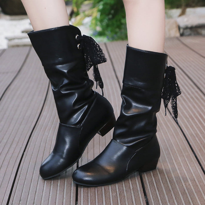 Damen  knielange Stiefel mit rückseitiger Schnürschleife, gerafftem Schaft und flachem Blockabsatz Echo Archiv