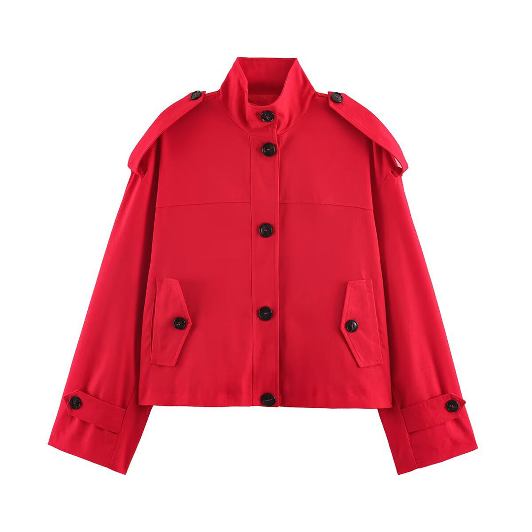Damen Kurz geschnittene Utility‑Jacke mit Stehkragen, Schulterklappen und Pattentaschen Echo Archiv
