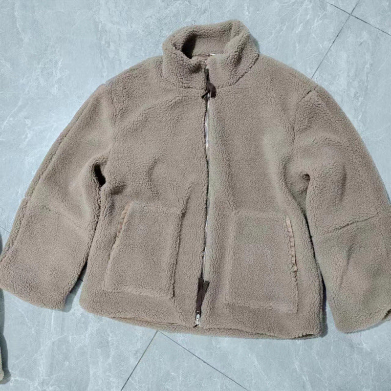 Damen Kuschelige Teddyfelljacke mit hohen Kragen und Reißverschluss Echoarchiv