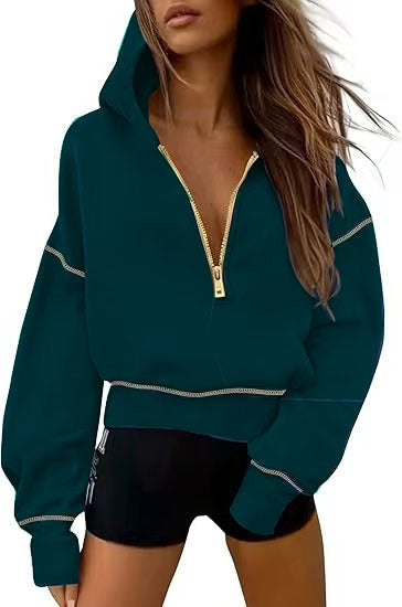 Damen nan cropped Kapuzenpullover mit halbem Reißverschluss und voluminösen Ballonärmeln Echo Archiv