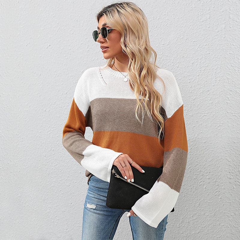 Damen Oversize Farbblock Strickpullover mit Rundhalsausschnitt und langen Ärmeln Echoarchiv