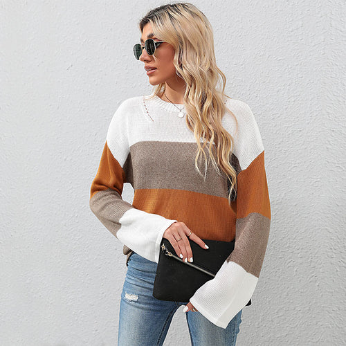 Damen Oversize Farbblock Strickpullover mit Rundhalsausschnitt und langen Ärmeln Echoarchiv