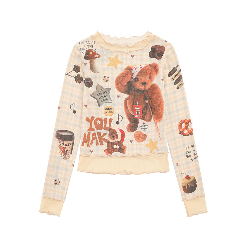 Damen Langarm Mesh-Top mit Teddy-Print und Lagenoptik Echoarchiv