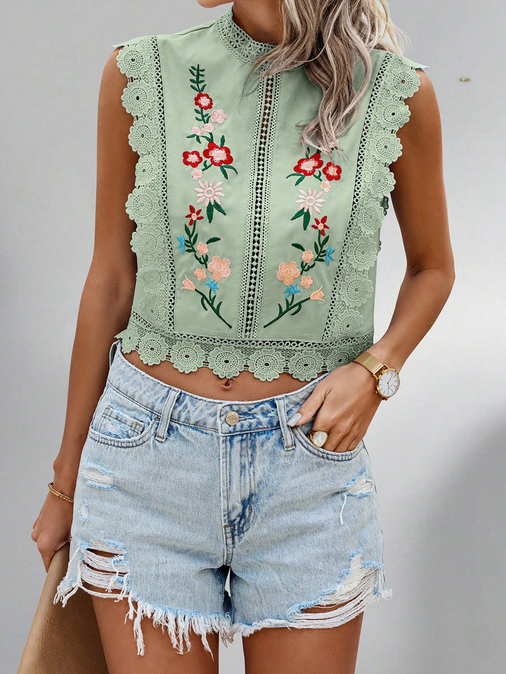Damen Besticktes Spitzen-Cropped-Top mit Stehkragen und Häkelkanten Echo Archiv