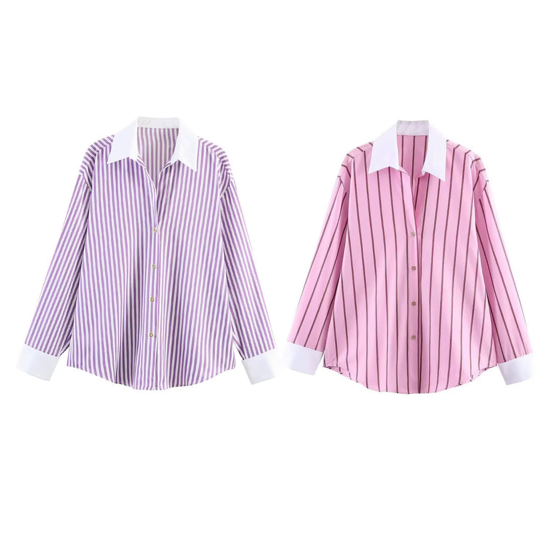 Damen Oversize-Hemdbluse mit Kontrastkragen, Manschetten und vertikalem Streifenmuster Echo Archiv