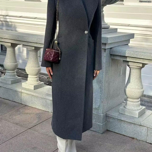 Damen Eleganter Wollmix-Langmantel mit schalkragenloser Optik und Ein-Knopf-Verschluss Echo Archiv