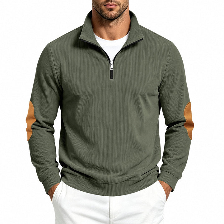 Herren Leichter Struktur-Halbzip-Pullover mit Cord‑Ellbogenpatches und Stehkragen Echoarchiv