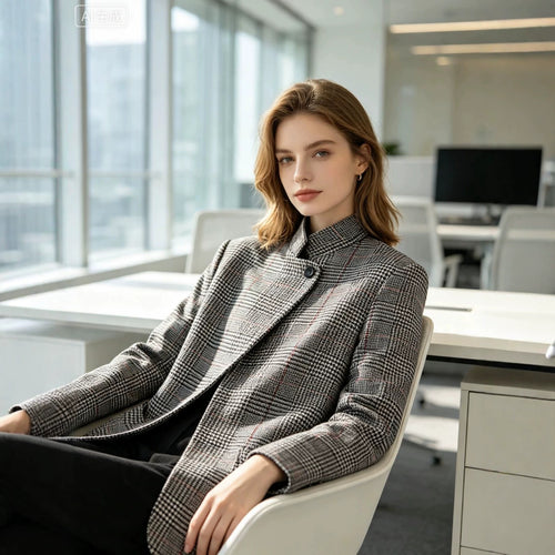 Damen Glencheck-Kurzblazer im Boxy-Schnitt mit Stehkragen und verdeckter Knopfleiste Echoarchiv